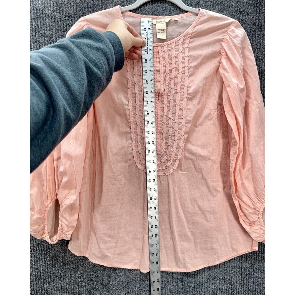 Sundance Pintuck Cotton Top Womens Small Pink Metallic Puff Sleeve Keyhole Neck - Picture 5 of 8